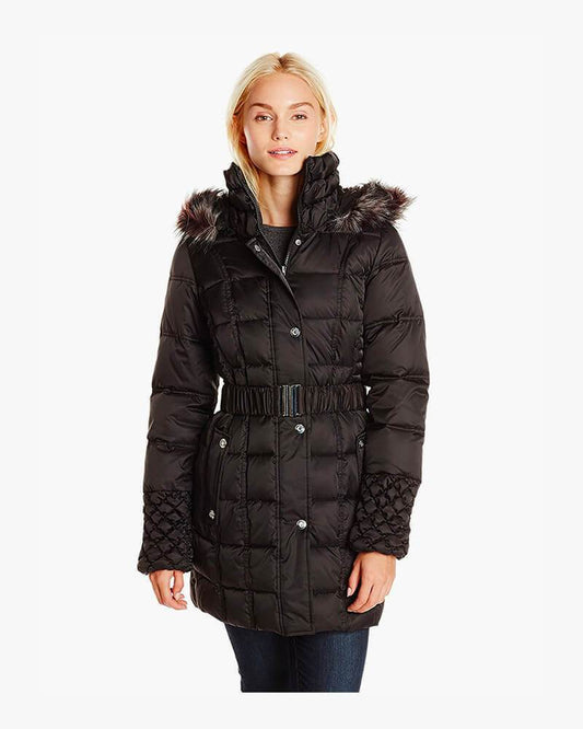 Betsey Johnson Women’s Puffer Coat with Faux-Fur Hood